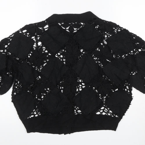 Zara Women Black M Floral Crochet Short Sleeve Button Cardigan