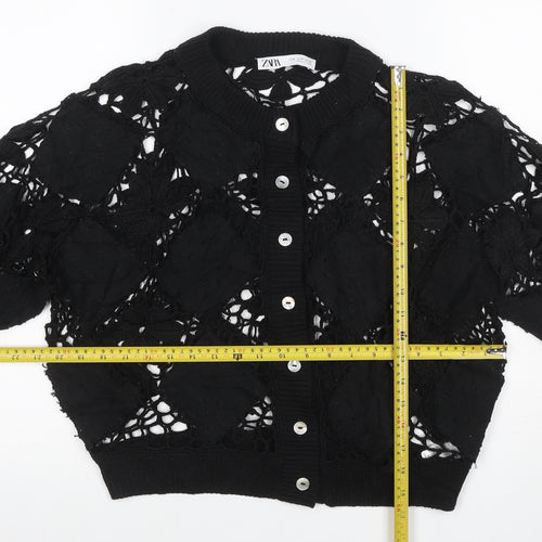 Zara Women Black M Floral Crochet Short Sleeve Button Cardigan