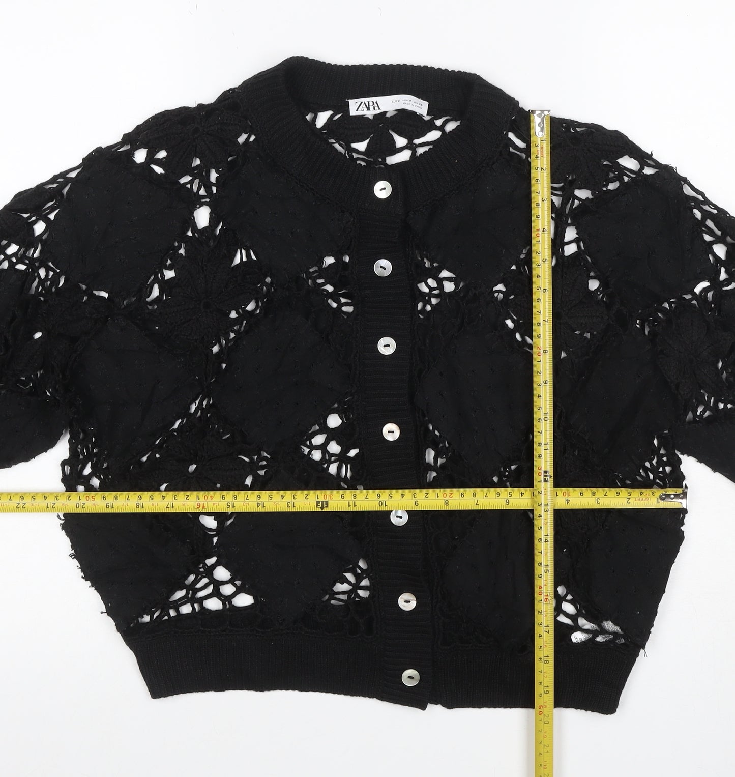 Zara Women Black M Floral Crochet Short Sleeve Button Cardigan