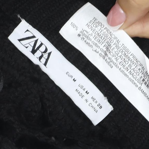 Zara Women Black M Floral Crochet Short Sleeve Button Cardigan