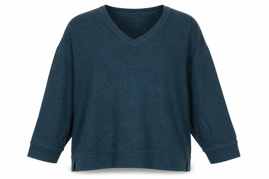 Front view of Hush Women’s Blue XL Velour V-Neck Pullover Sweatshirt