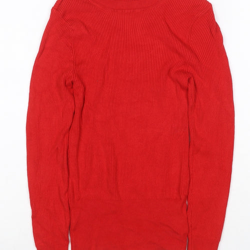 Marks & Spencer Women Red UK 8 Rib Knit Crew Neck Cotton Pullover