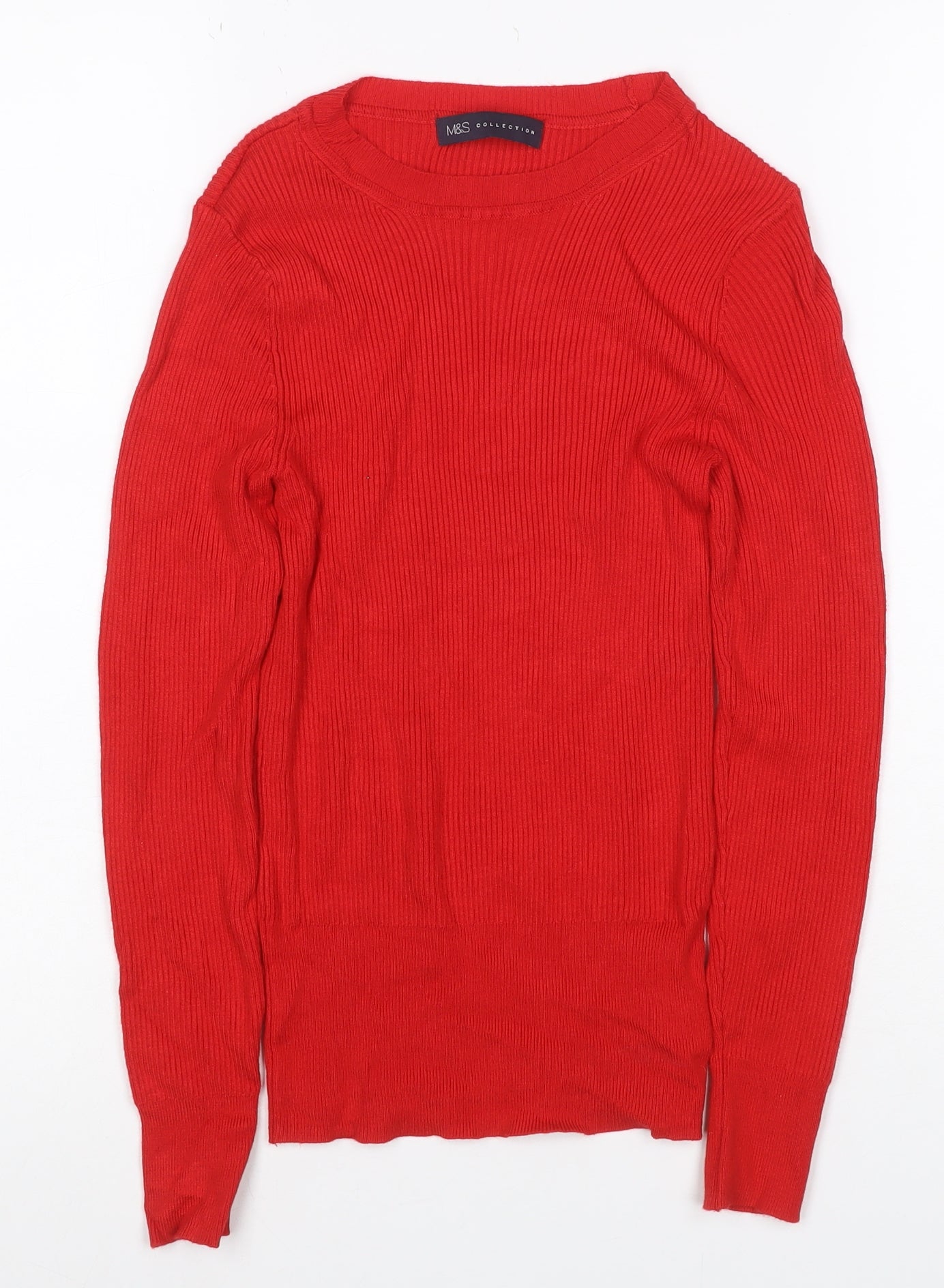 Marks & Spencer Women Red UK 8 Rib Knit Crew Neck Cotton Pullover
