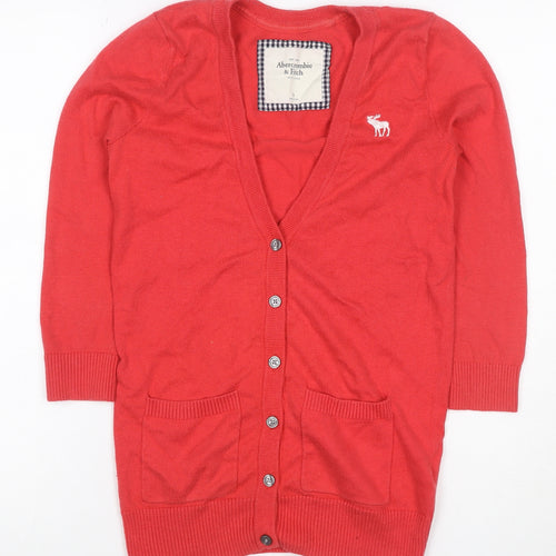 Abercrombie & Fitch Women Red S V-Neck Button Pocket Cardigan