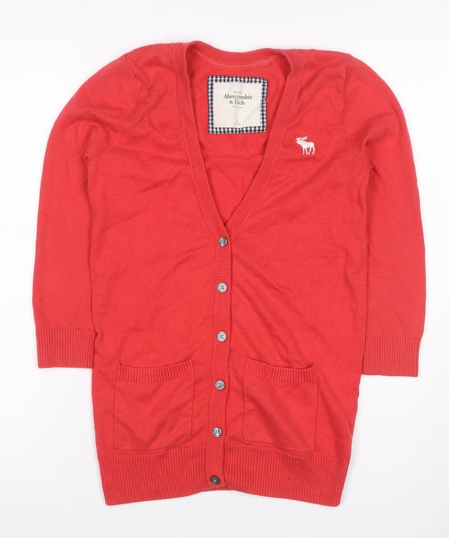 Abercrombie & Fitch Women Red S V-Neck Button Pocket Cardigan