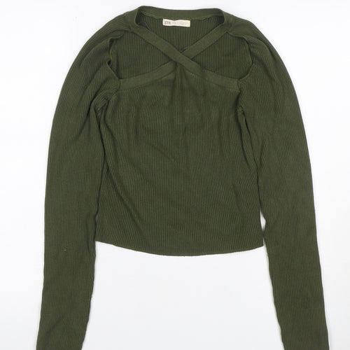 STR Women’s Green M Rib Knit Strap V-Neck Slim Pullover Jumper