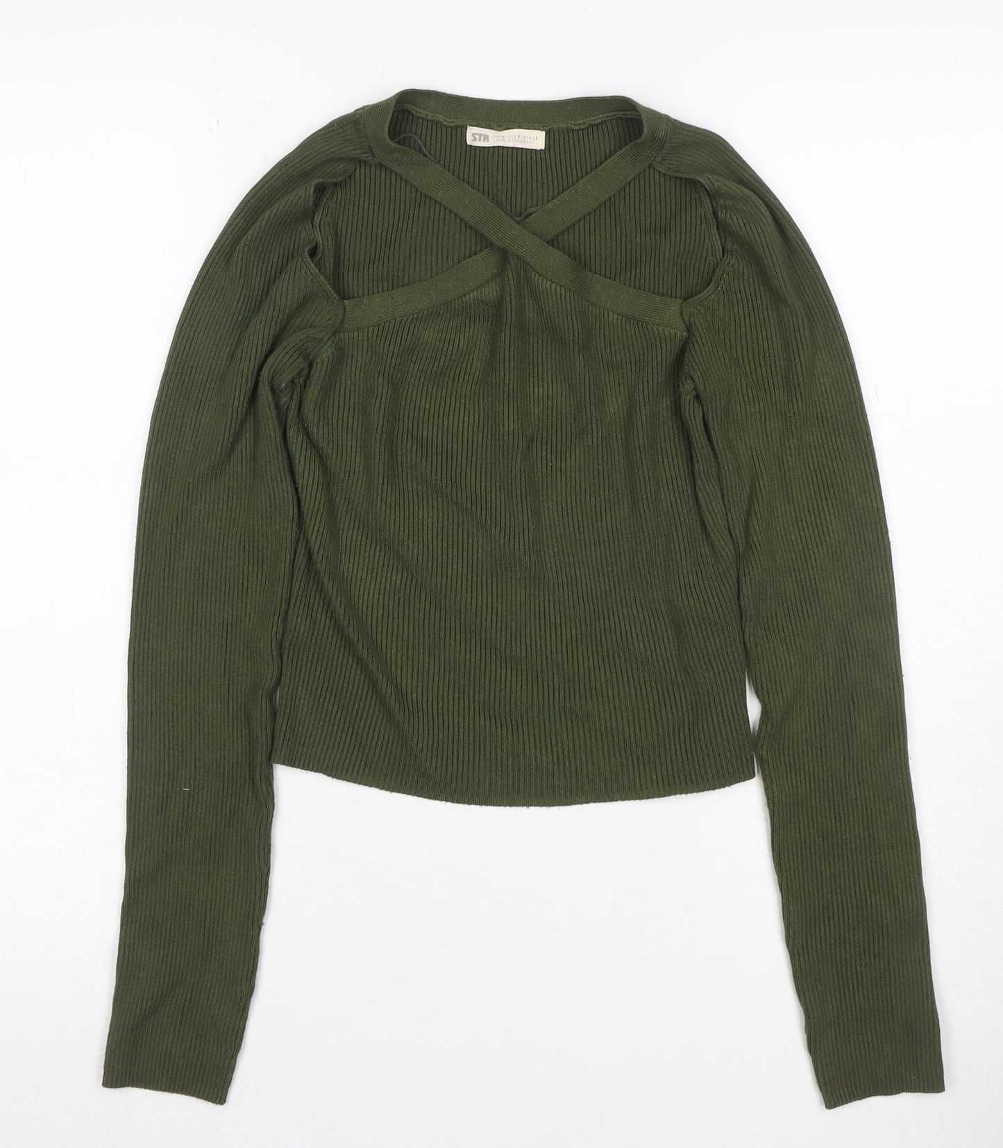 STR Women’s Green M Rib Knit Strap V-Neck Slim Pullover Jumper