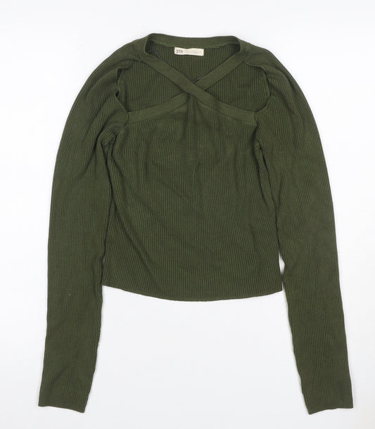 STR Women’s Green M Rib Knit Strap V-Neck Slim Pullover Jumper