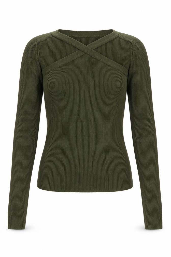 Front view of Stradivarius Women’s Green M Rib Knit Strap V-Neck Slim jumper