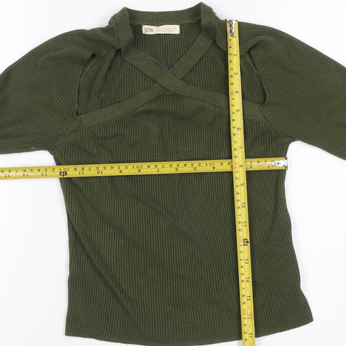 STR Women’s Green M Rib Knit Strap V-Neck Slim Pullover Jumper