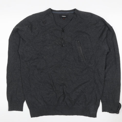 Police Men’s Grey L Cotton Henley Jumper V-Neck Zip Pocket
