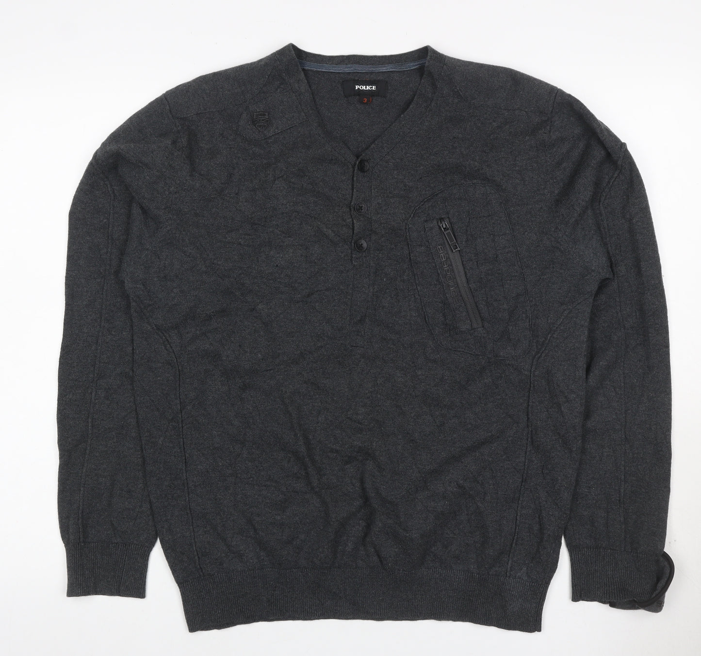 Police Men’s Grey L Cotton Henley Jumper V-Neck Zip Pocket