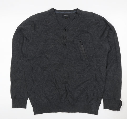 Police Men’s Grey L Cotton Henley Jumper V-Neck Zip Pocket