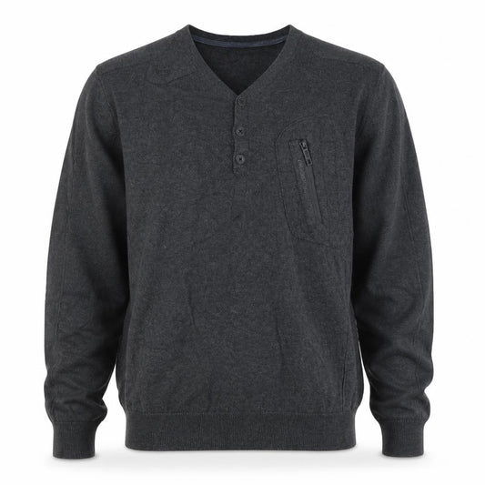 Police Men’s Grey L Cotton Henley Jumper V-Neck Zip Pocket