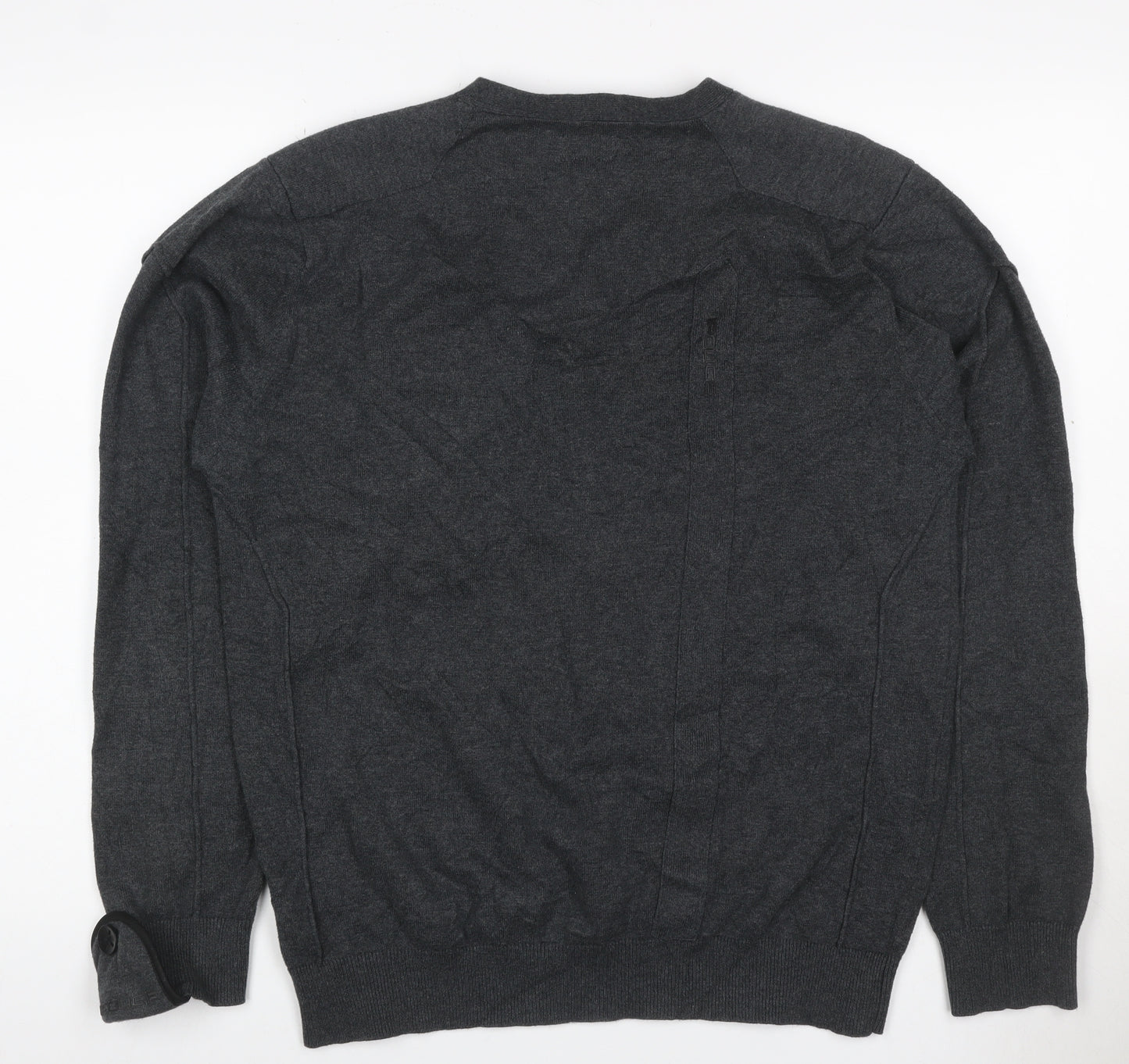 Police Men’s Grey L Cotton Henley Jumper V-Neck Zip Pocket