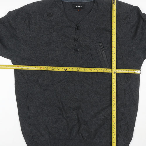 Police Men’s Grey L Cotton Henley Jumper V-Neck Zip Pocket