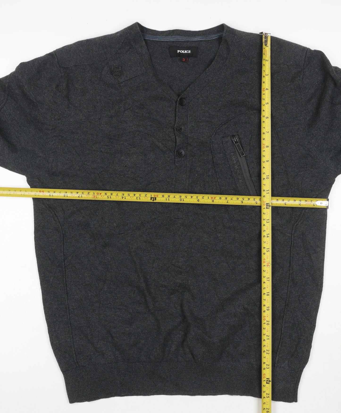 Police Men’s Grey L Cotton Henley Jumper V-Neck Zip Pocket