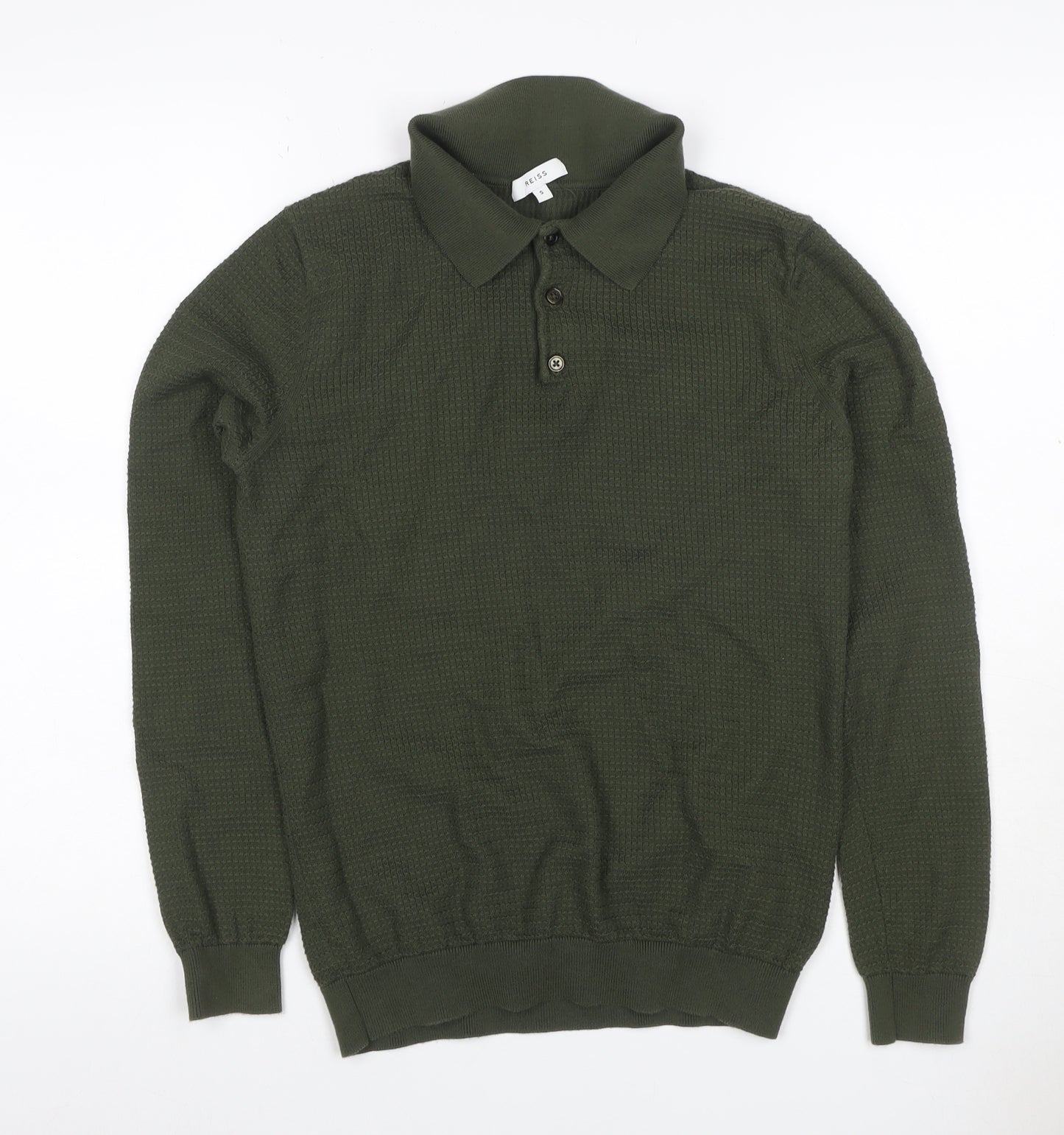 Reiss Mens Green Size S Long Sleeve Textured Knit Polo Shirt