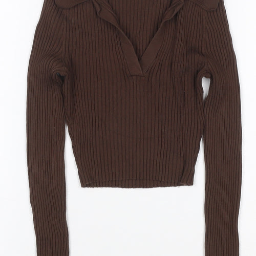 H&M Divided Women Brown UK 6 XS Rib Knit Collared V-Neck Jumper