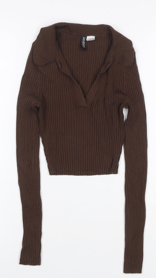H&M Divided Women Brown UK 6 XS Rib Knit Collared V-Neck Jumper