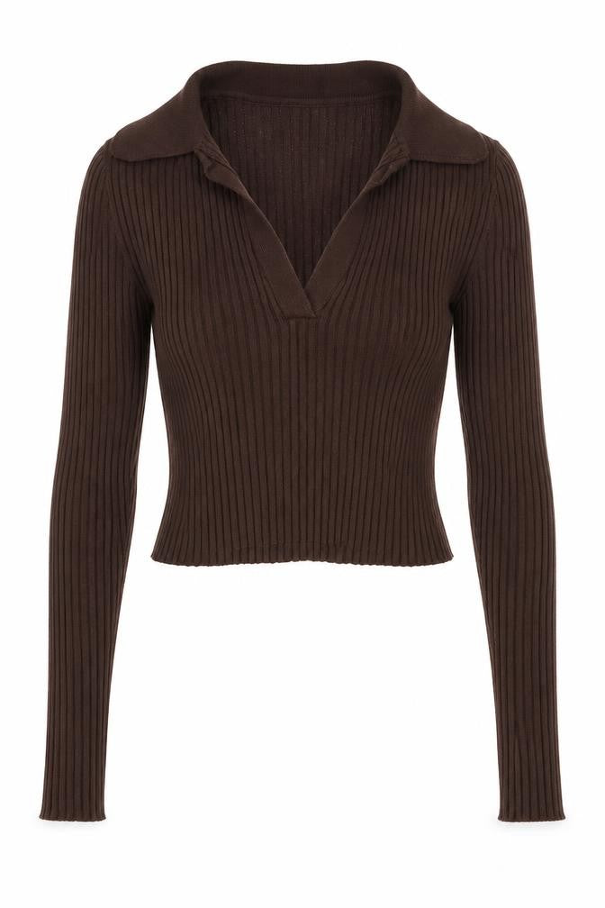 H&M Divided Women Brown UK 6 XS Rib Knit Collared V-Neck Jumper