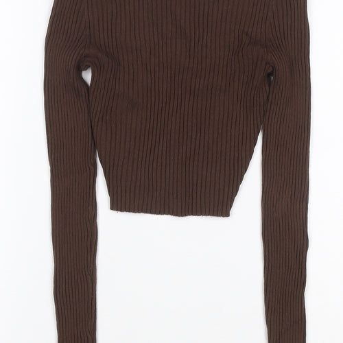 H&M Divided Women Brown UK 6 XS Rib Knit Collared V-Neck Jumper
