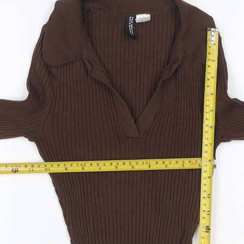 H&M Divided Women Brown UK 6 XS Rib Knit Collared V-Neck Jumper