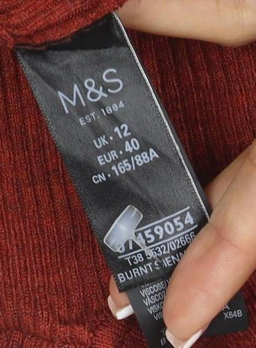 M&S Women Red UK 12 Rib Knit Roll Neck Long Sleeve Jumper