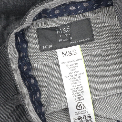 Marks and Spencer Men's Grey 34S Regular Wool Blend Dress Trousers