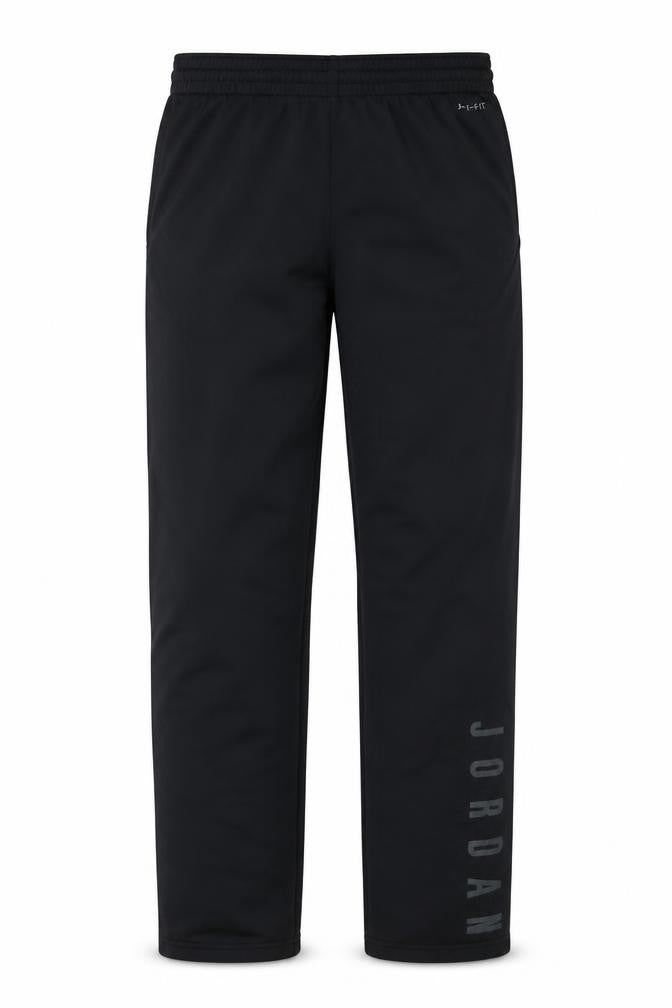 Front view of Jordan boys’ black, size 15, years track pants basketball zip pockets