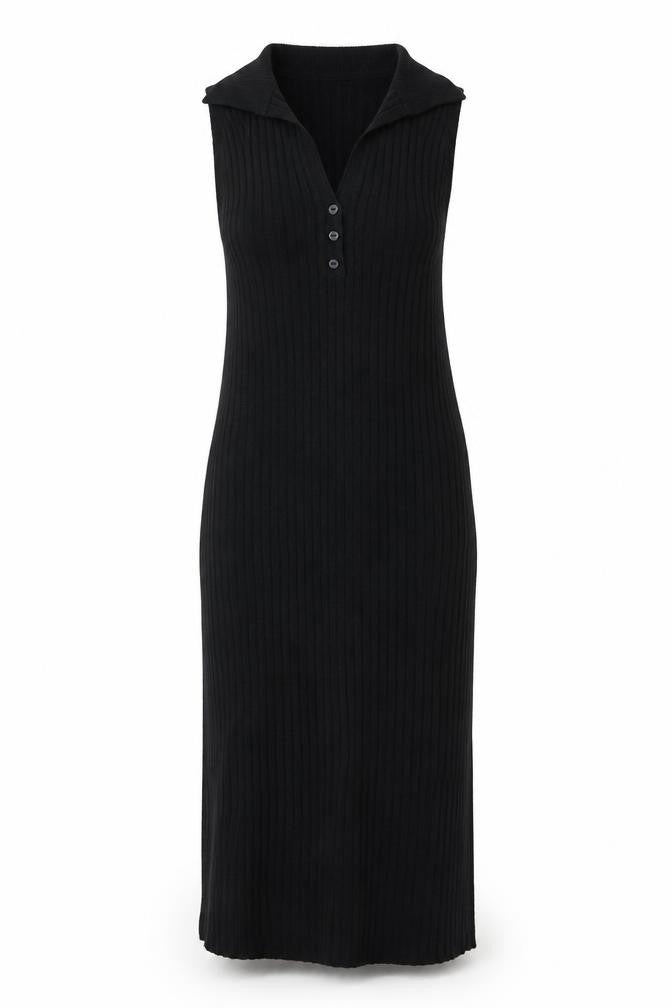 Boohoo Women Black M Ribbed Knit Collared Button Long Jumper Dress