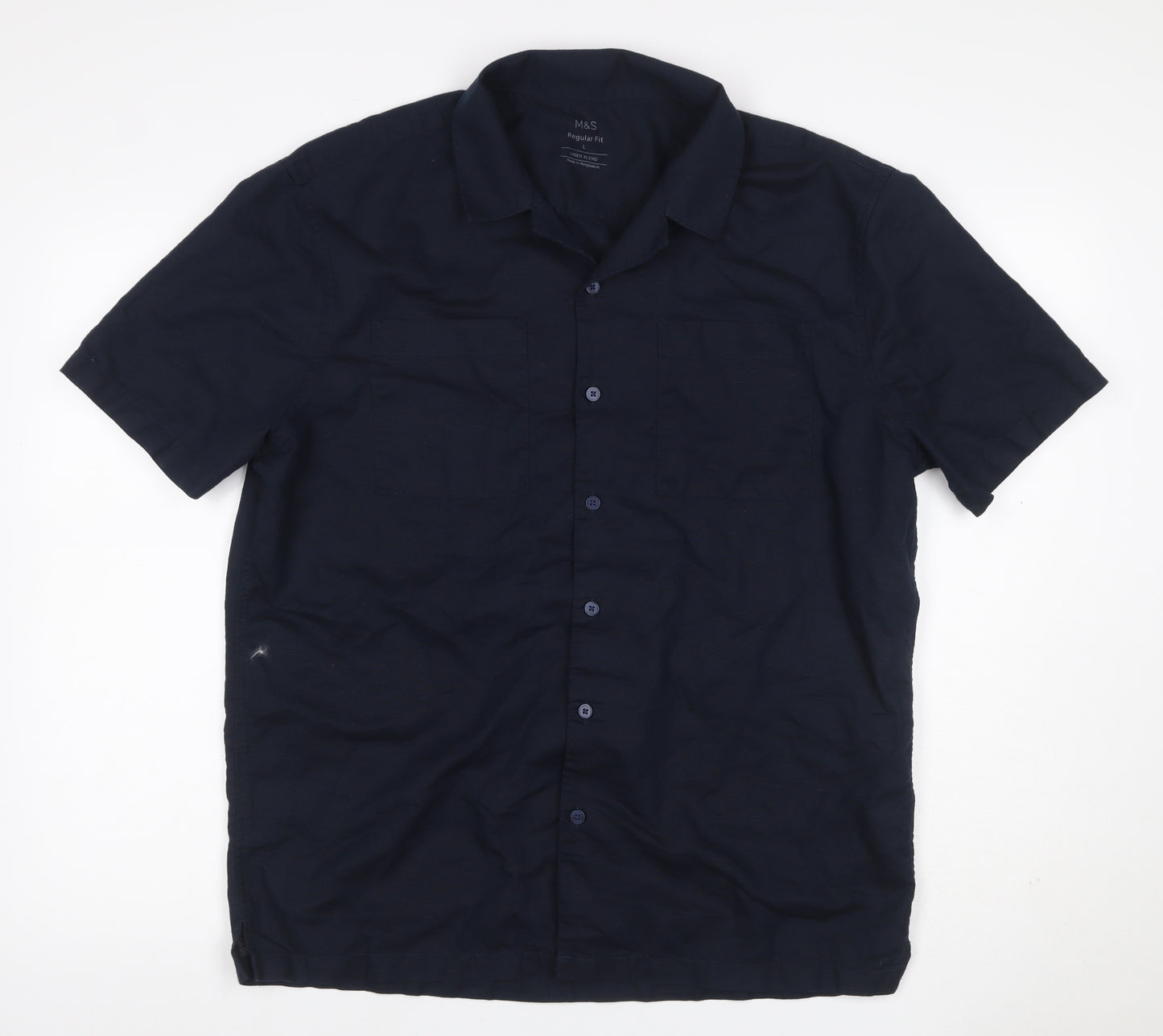 Marks and Spencer Men's Blue L Regular Fit Linen Blend Short Sleeve Shirt