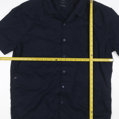 Marks and Spencer Men's Blue L Regular Fit Linen Blend Short Sleeve Shirt