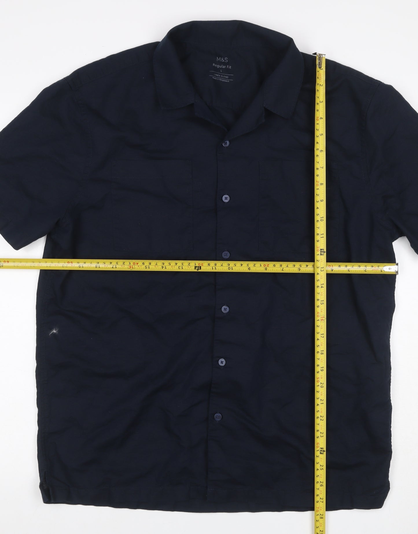 Marks and Spencer Men's Blue L Regular Fit Linen Blend Short Sleeve Shirt