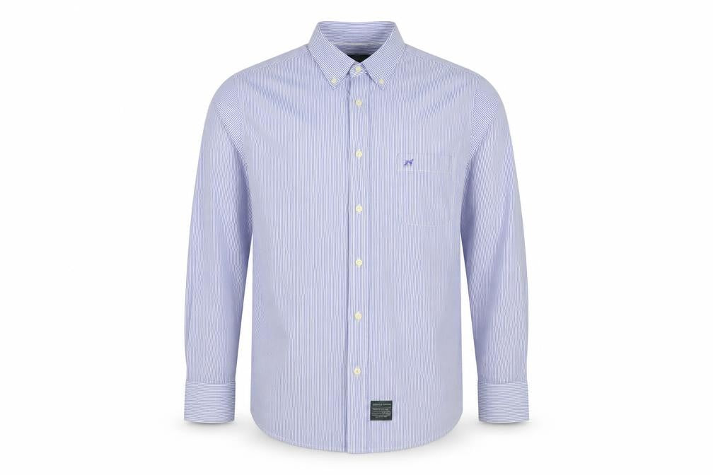 Front view of Sacoor Brothers Men’s Blue Stripe XL Cotton Button-Down Shirt