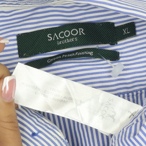 Sacoor Brothers Men’s Blue Stripe XL Cotton Button-Down Shirt