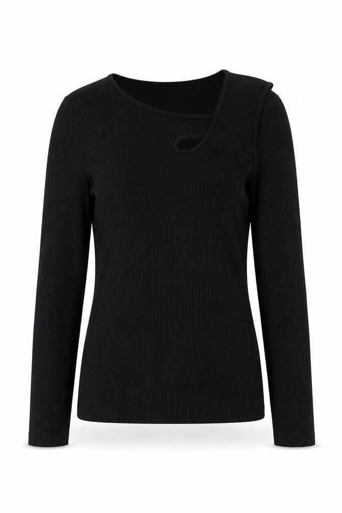 Phase Eight Women Black Size 8 One Shoulder Rib Knit Long Sleeve Top