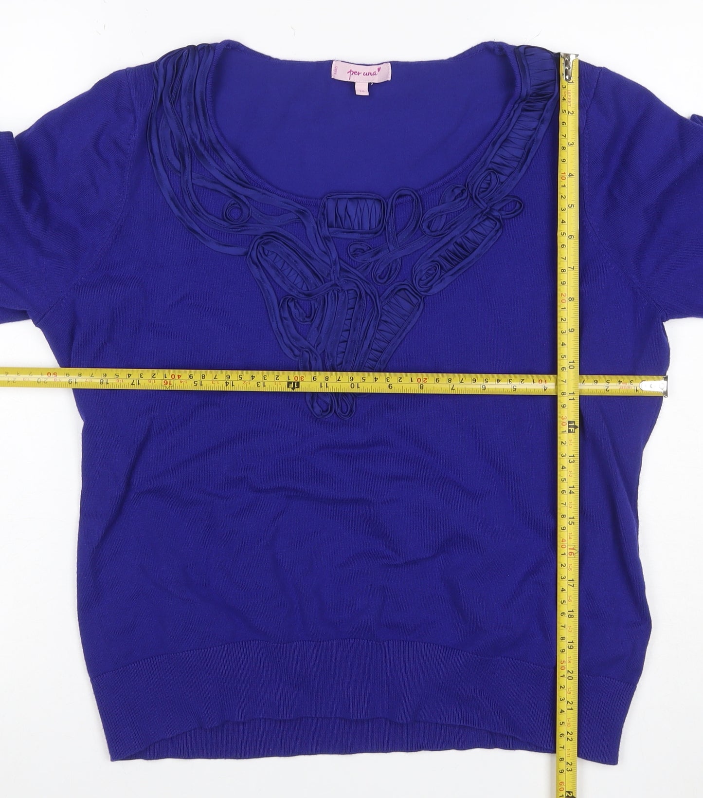 Per Una Women’s Blue Ruffle Knit Jumper UK 20 3/4 Balloon Sleeve