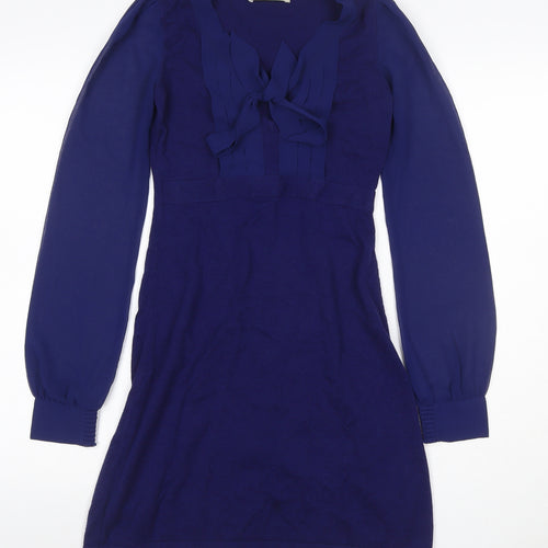 Oasis Women’s Blue XS Knit Jumper Dress Ruffle Bow V-Neck