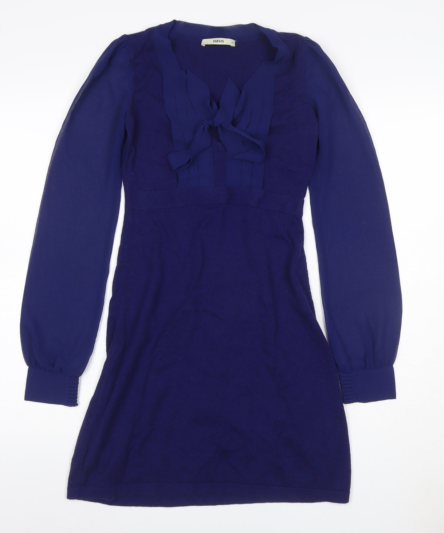 Oasis Women’s Blue XS Knit Jumper Dress Ruffle Bow V-Neck