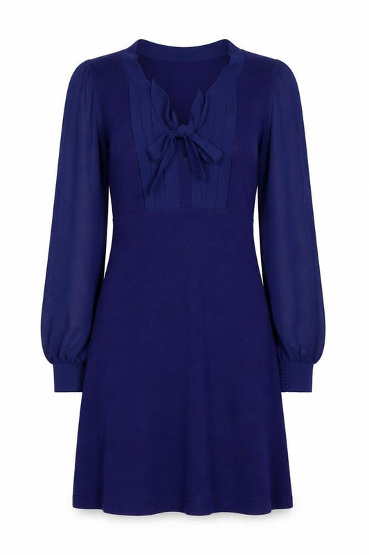 Front view of Oasis Women’s Blue XS Knit Jumper Dress Ruffle Bow V-Neck