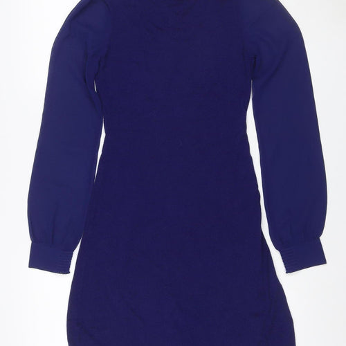 Oasis Women’s Blue XS Knit Jumper Dress Ruffle Bow V-Neck