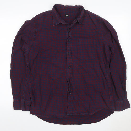Uniqlo Men's Blue Red Check Cotton Button-Up Shirt L