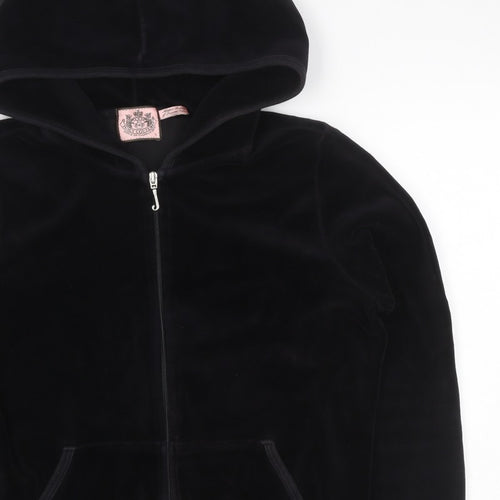Juicy Couture Women Black L Velour Full Zip Hooded Hoodie Pockets
