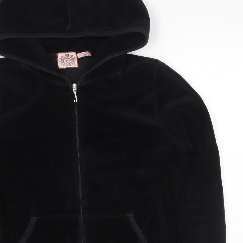 Juicy Couture Women Black L Velour Full Zip Hooded Hoodie Pockets