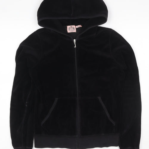Juicy Couture Women Black L Velour Full Zip Hooded Hoodie Pockets