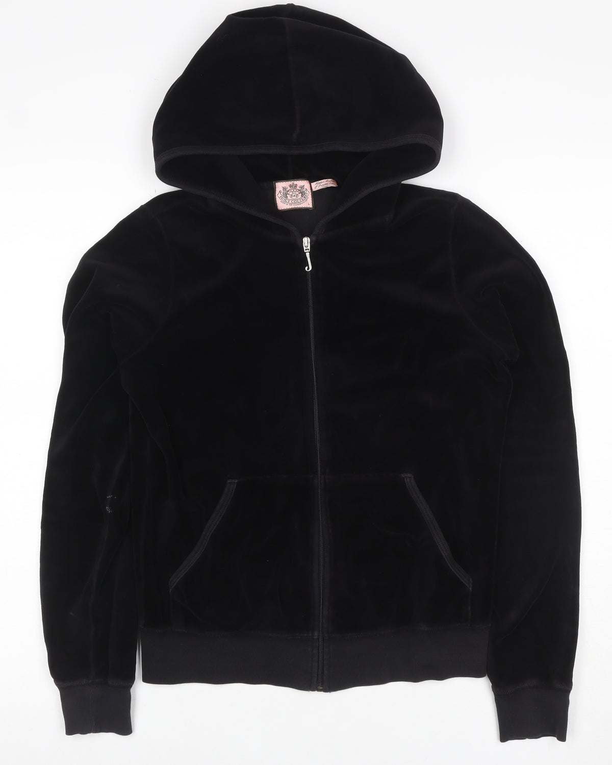 Juicy Couture Women Black L Velour Full Zip Hooded Hoodie Pockets
