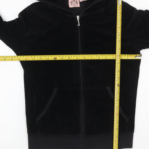 Juicy Couture Women Black L Velour Full Zip Hooded Hoodie Pockets