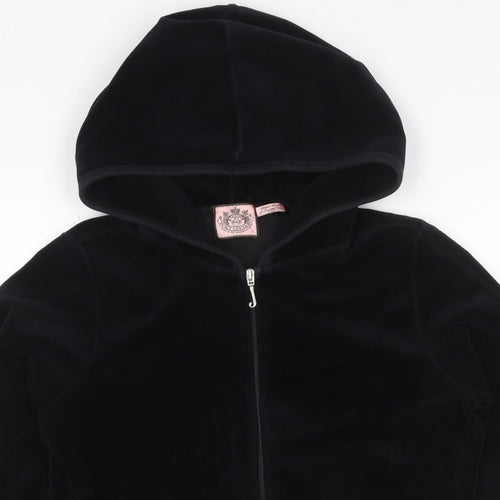 Juicy Couture Women Black L Velour Full Zip Hooded Hoodie Pockets