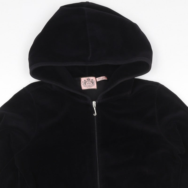 Juicy Couture Women Black L Velour Full Zip Hooded Hoodie Pockets